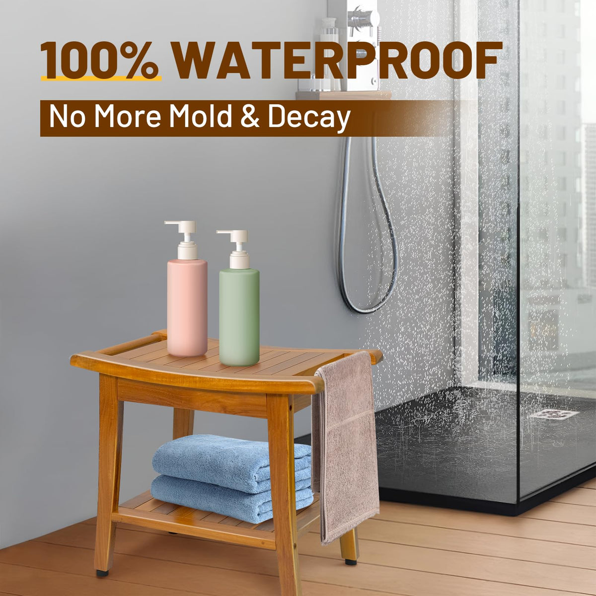 20" Teak Shower Bench with Shelf & Handle M878