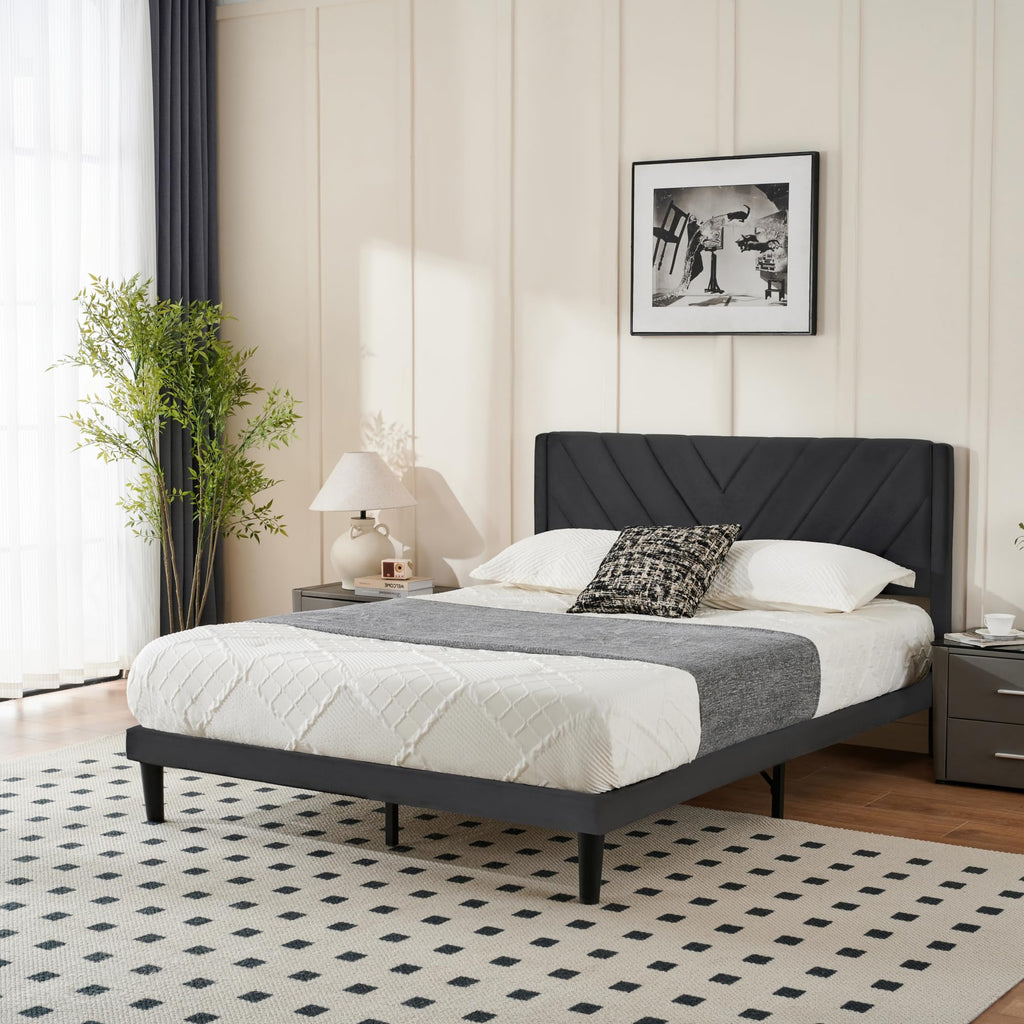 Queen Size Velvet Platform Bed Frame with Headboard E78158
