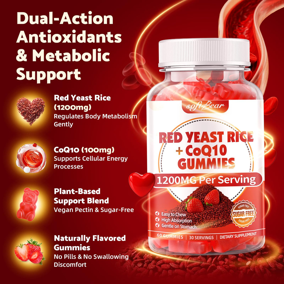 Sugar Free Red Yeast Rice with CoQ10 1200mg Strawberry Flavor 120 Count T7048