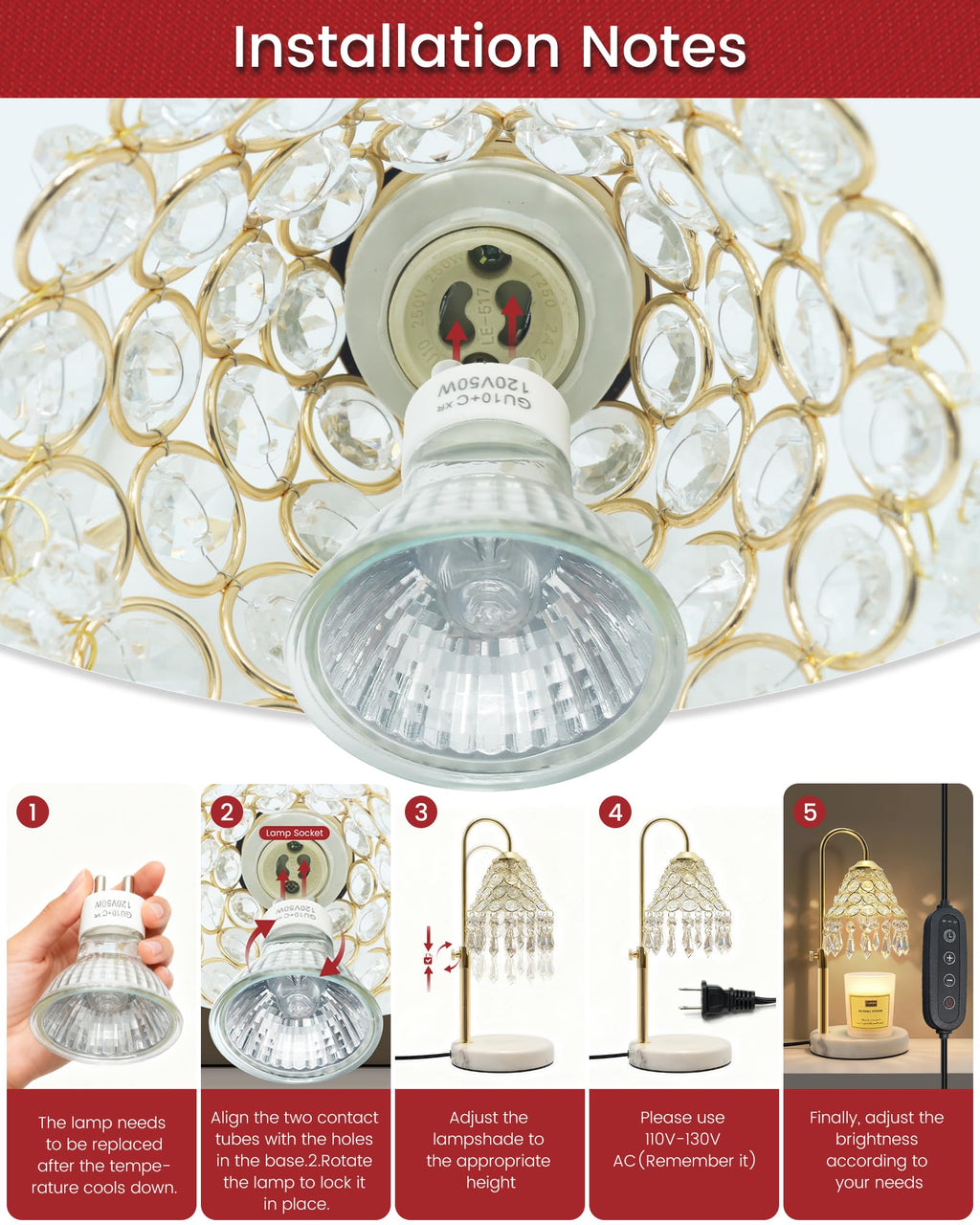 Crystal Candle Warmer Lamp with Timer, Adjustable Height, 50W Halogen Bulb, 5W Night Light, Gold N49806