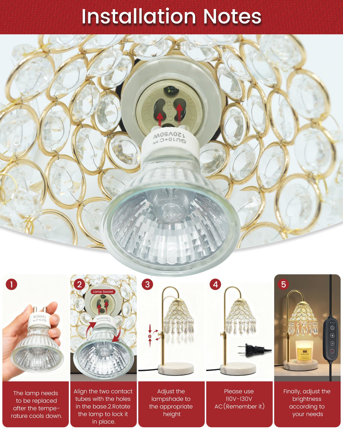 Crystal Candle Warmer Lamp with Timer, Adjustable Height, 50W Halogen Bulb, 5W Night Light, Gold N49806