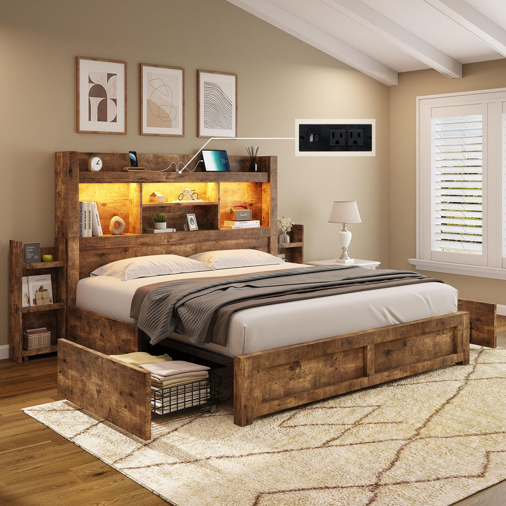 Full Bed Frame with Bookcase Headboard & Storage W740462