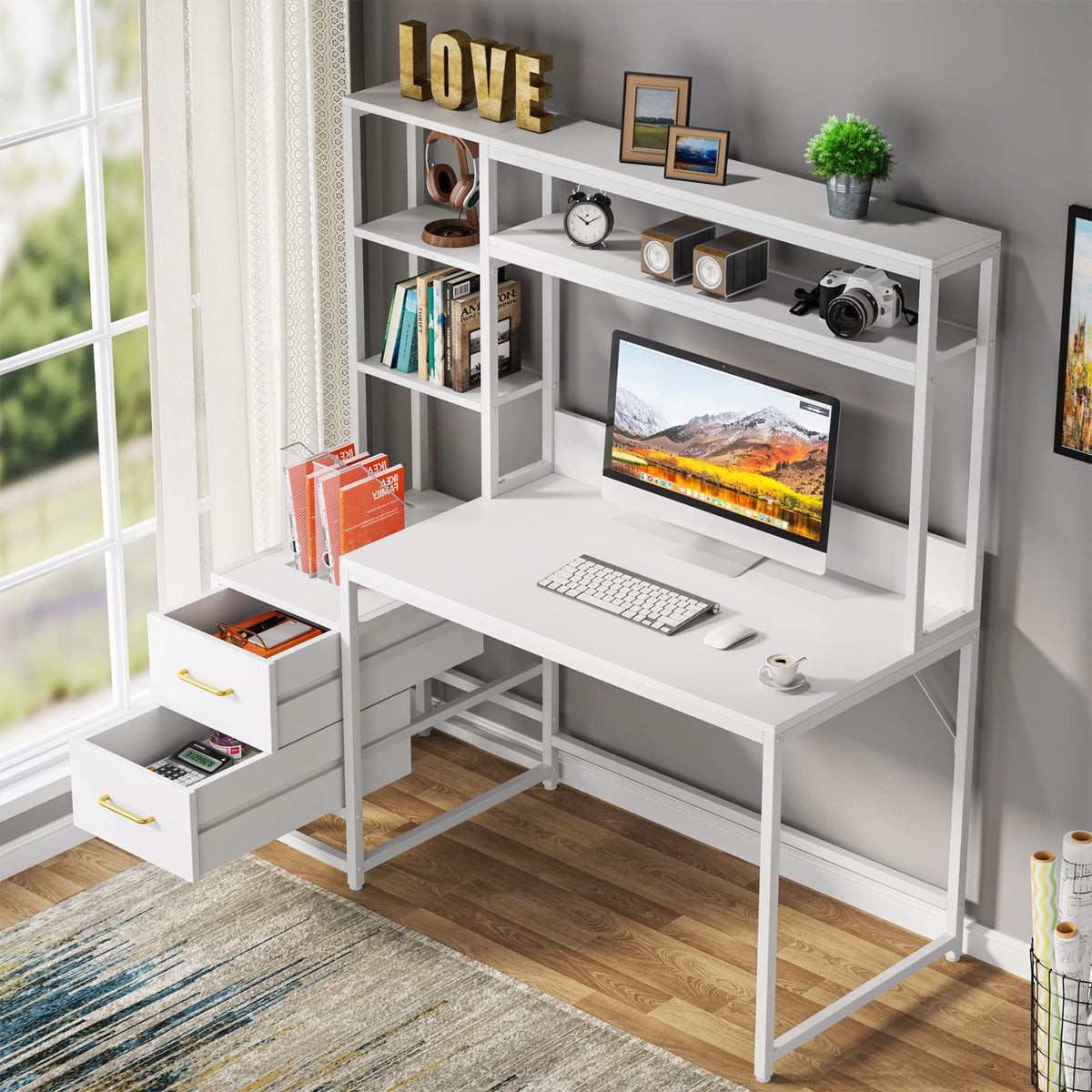 55 Inch Computer Desk with 2 Drawers and Storage Shelves X551569