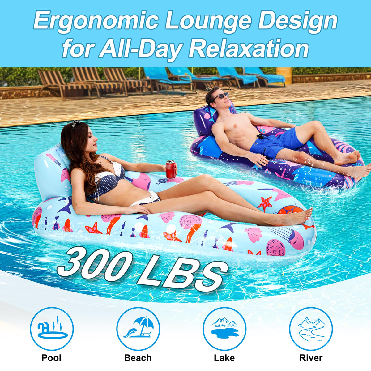 4 Pack Inflatable Pool Lounger with Cup Holder Y315