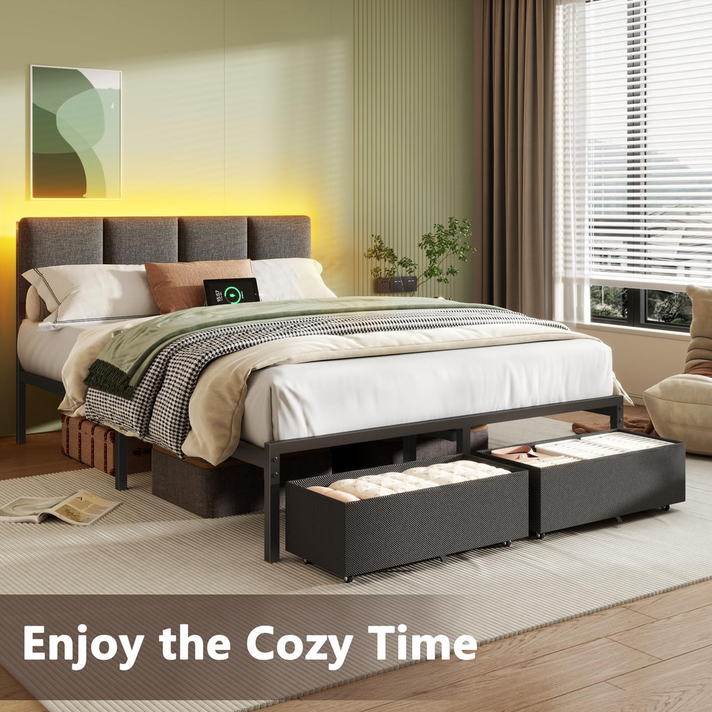 Full Size Bed Frame with Upholstered Headboard & 2 Storage Drawers Q203