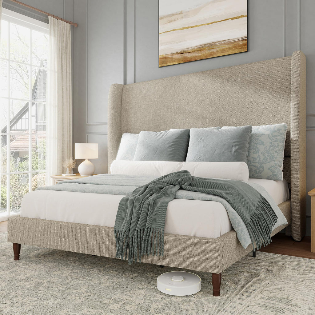 Queen Size Upholstered Wingback Headboard Bed Frame O23761