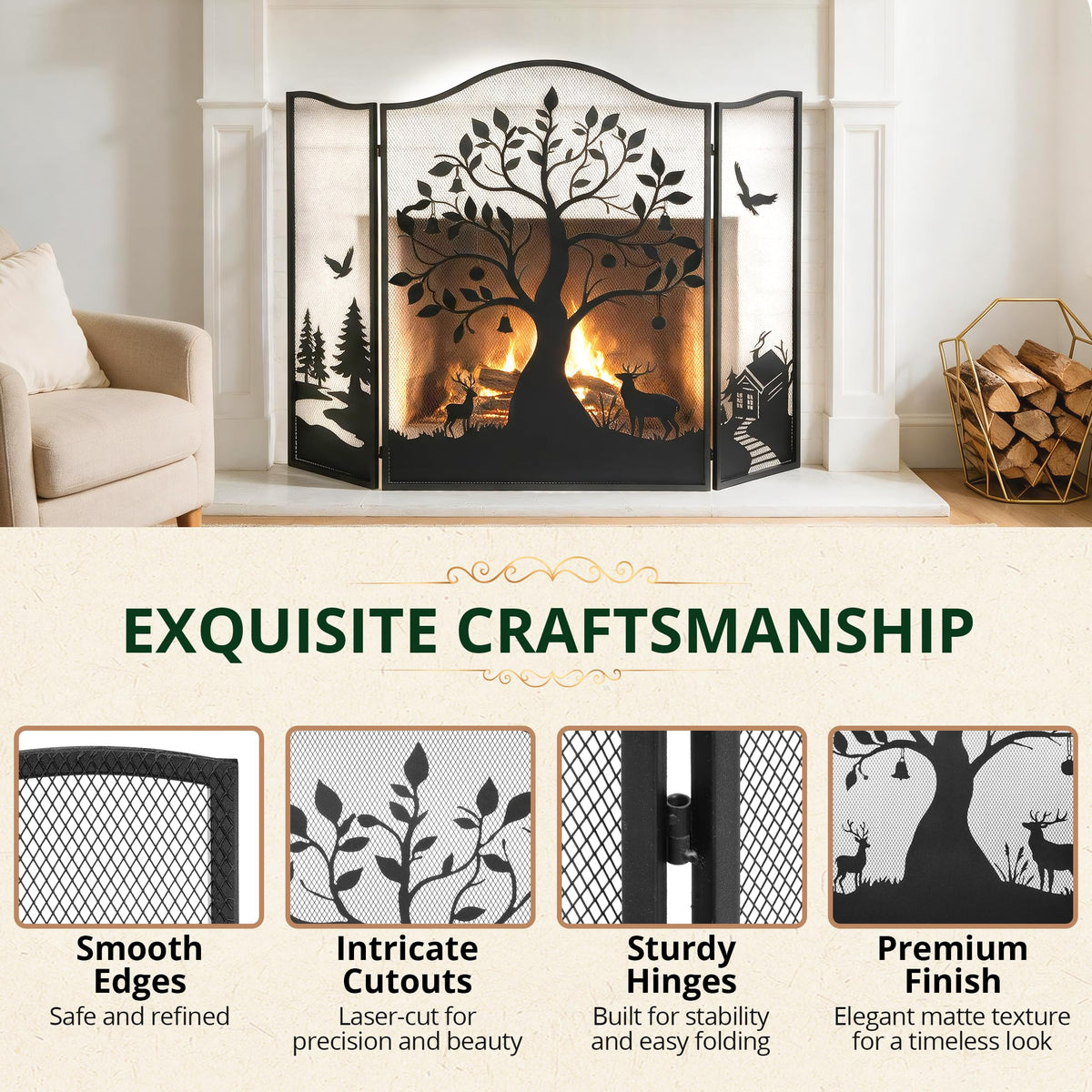 50" x 36" 3-Panel Tree Pattern Fireplace Screen W2437