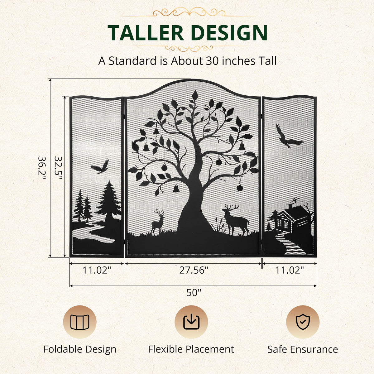 50" x 36" 3-Panel Tree Pattern Fireplace Screen W2437
