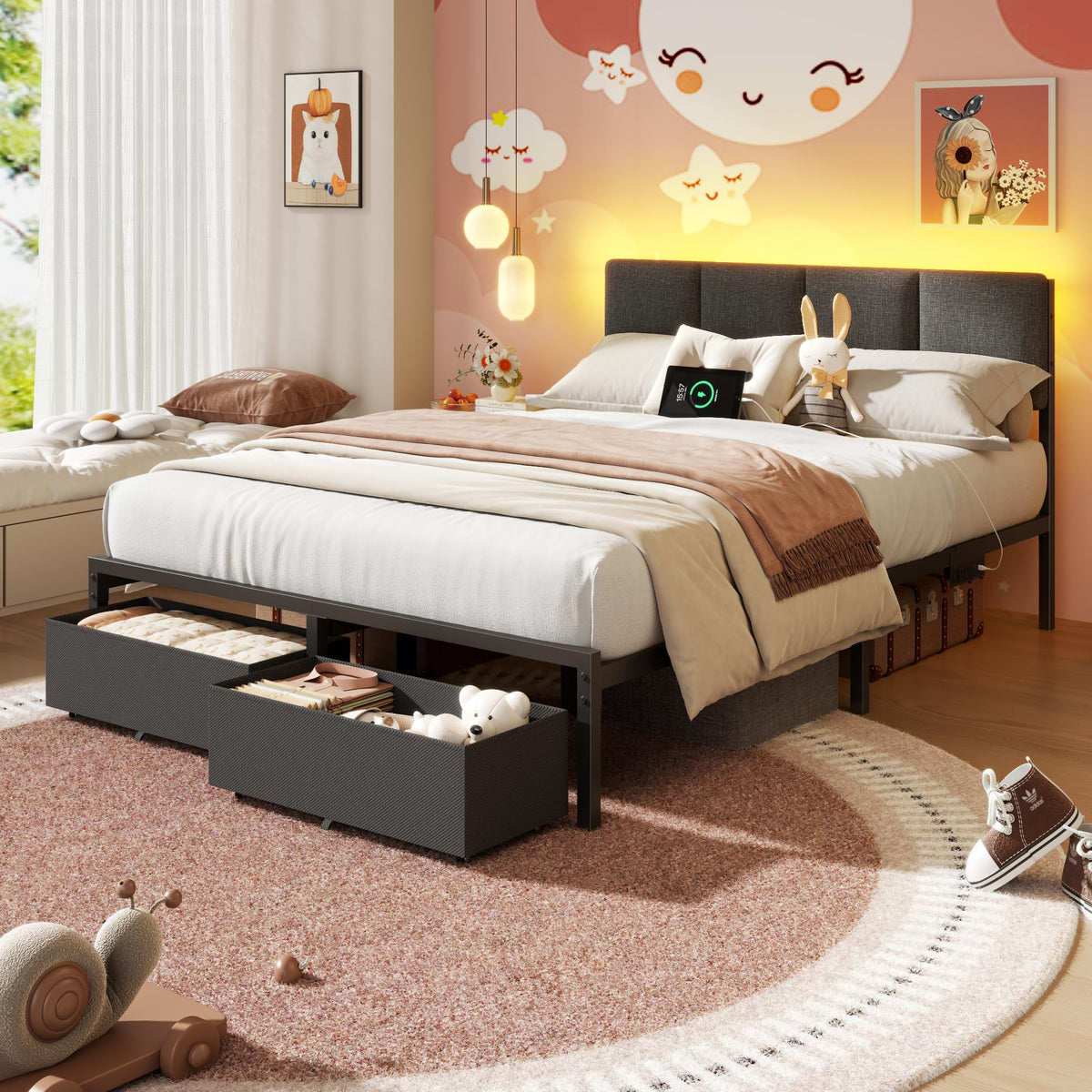 Full Size Bed Frame with Upholstered Headboard & 2 Storage Drawers Q203