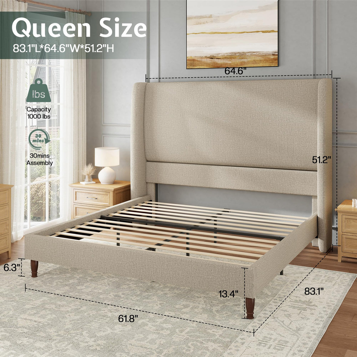 Queen Size Upholstered Wingback Headboard Bed Frame O23761
