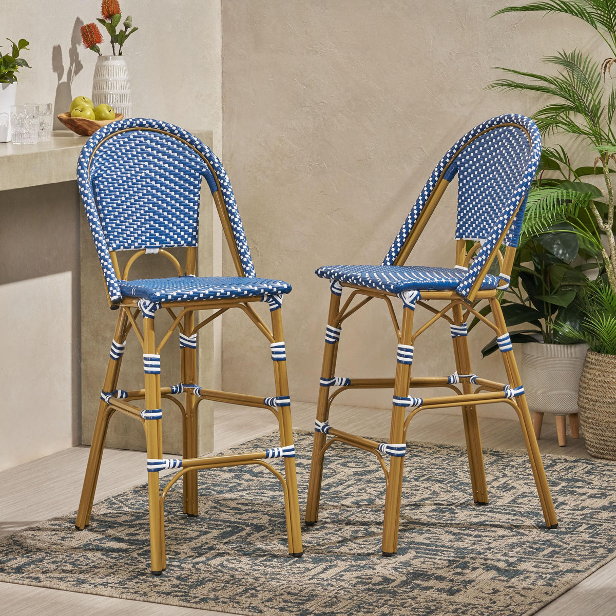 Teal Blue Rattan Counter Height Bar Stools Set of 2 K846