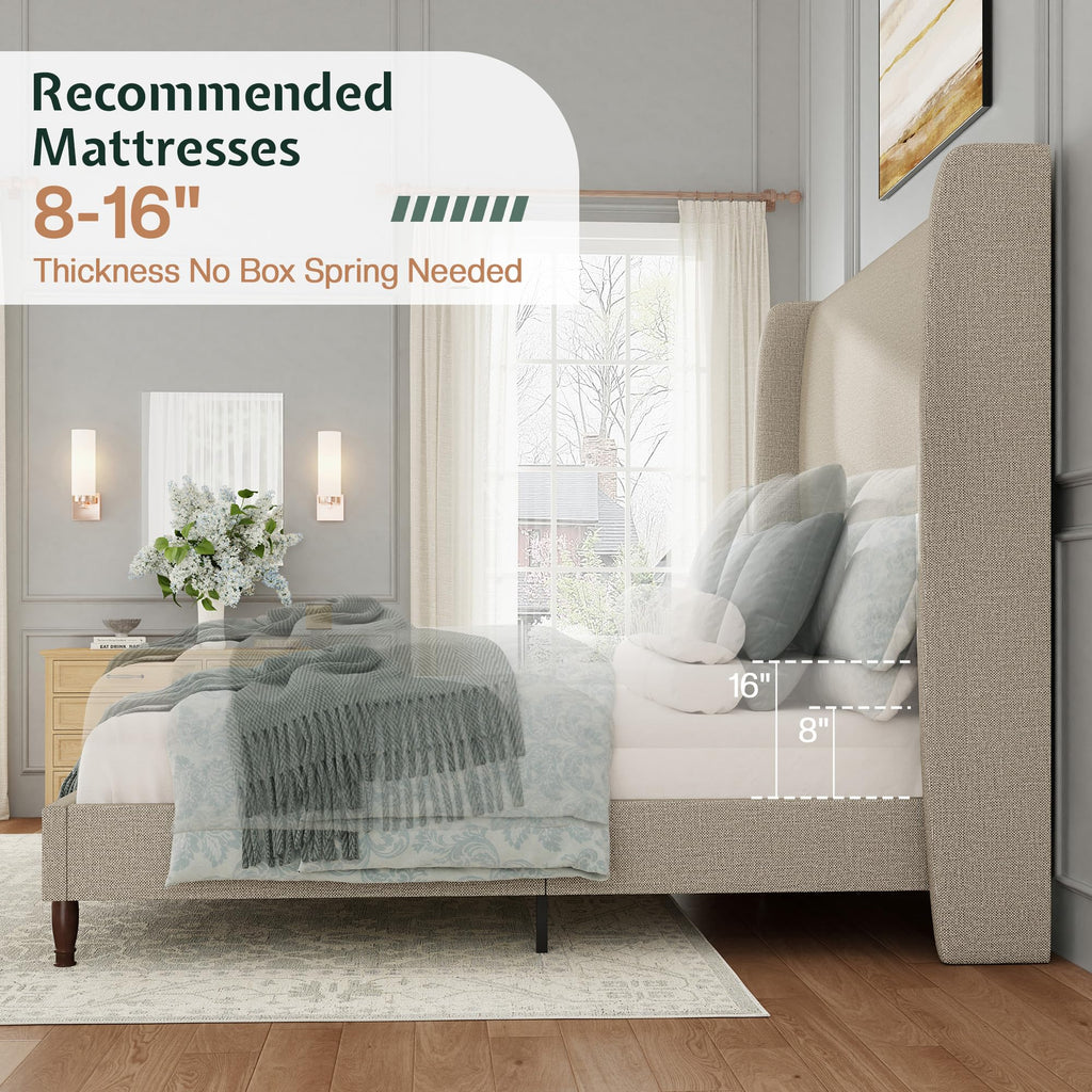 Queen Size Upholstered Wingback Headboard Bed Frame O23761